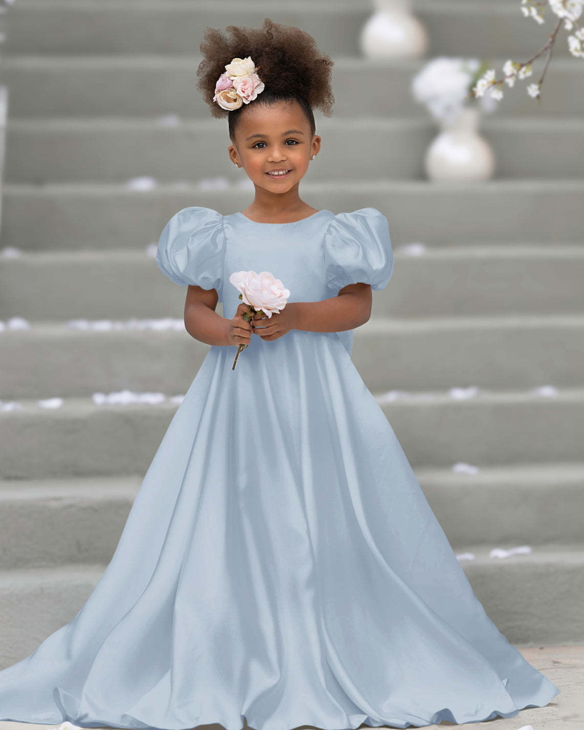 Bow-Back Puff Sleeve Flower Girl Dress with Sweep Train