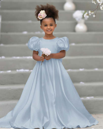 Bow-Back Puff Sleeve Flower Girl Dress with Sweep Train