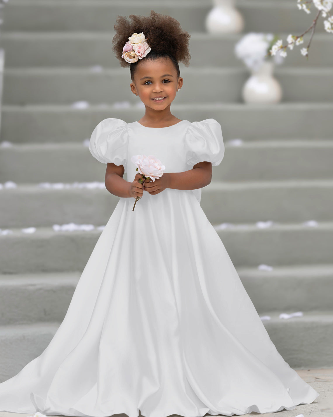 Bow-Back Puff Sleeve Flower Girl Dress with Sweep Train