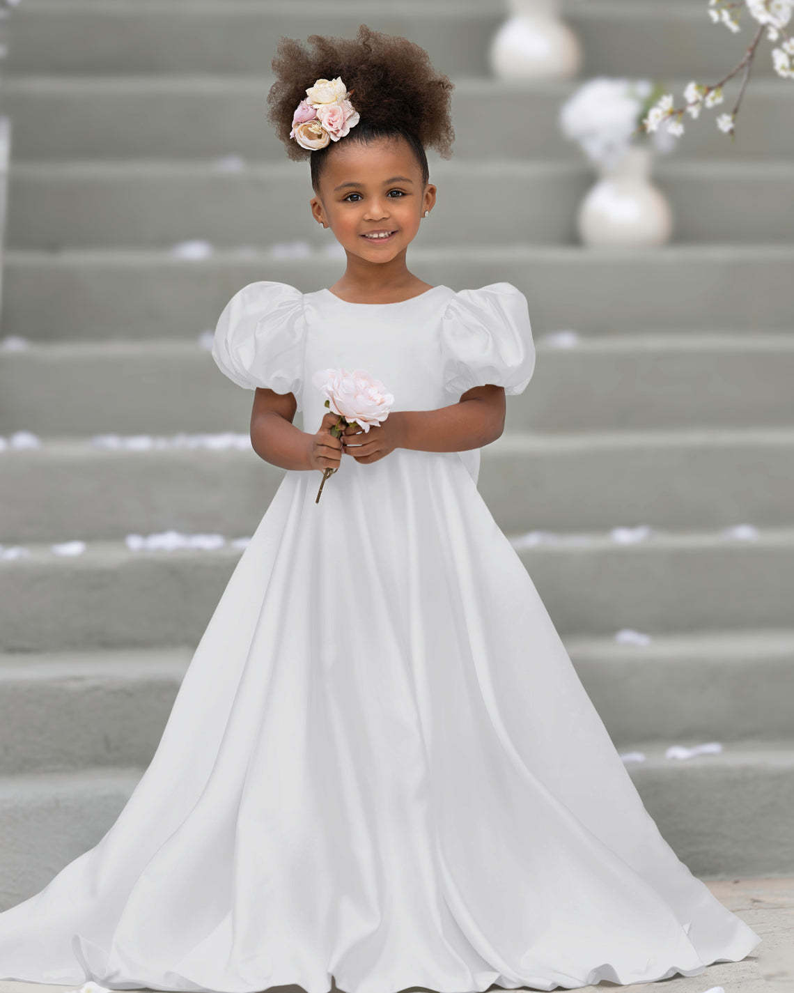 Bow-Back Puff Sleeve Flower Girl Dress with Sweep Train