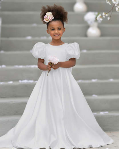 Bow-Back Puff Sleeve Flower Girl Dress with Sweep Train