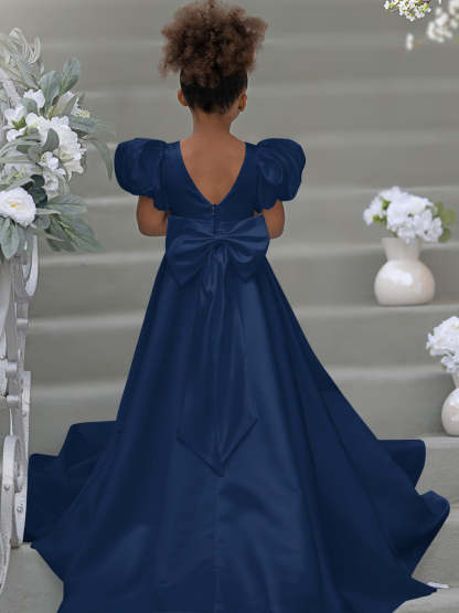 Bow-Back Puff Sleeve Flower Girl Dress with Sweep Train