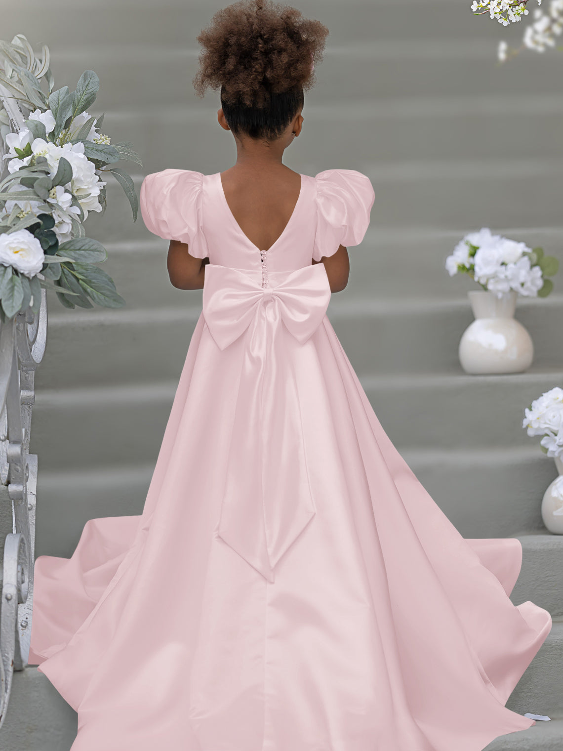 Bow-Back Puff Sleeve Flower Girl Dress with Sweep Train