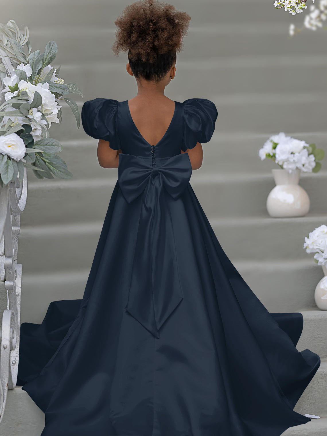 Bow-Back Puff Sleeve Flower Girl Dress with Sweep Train