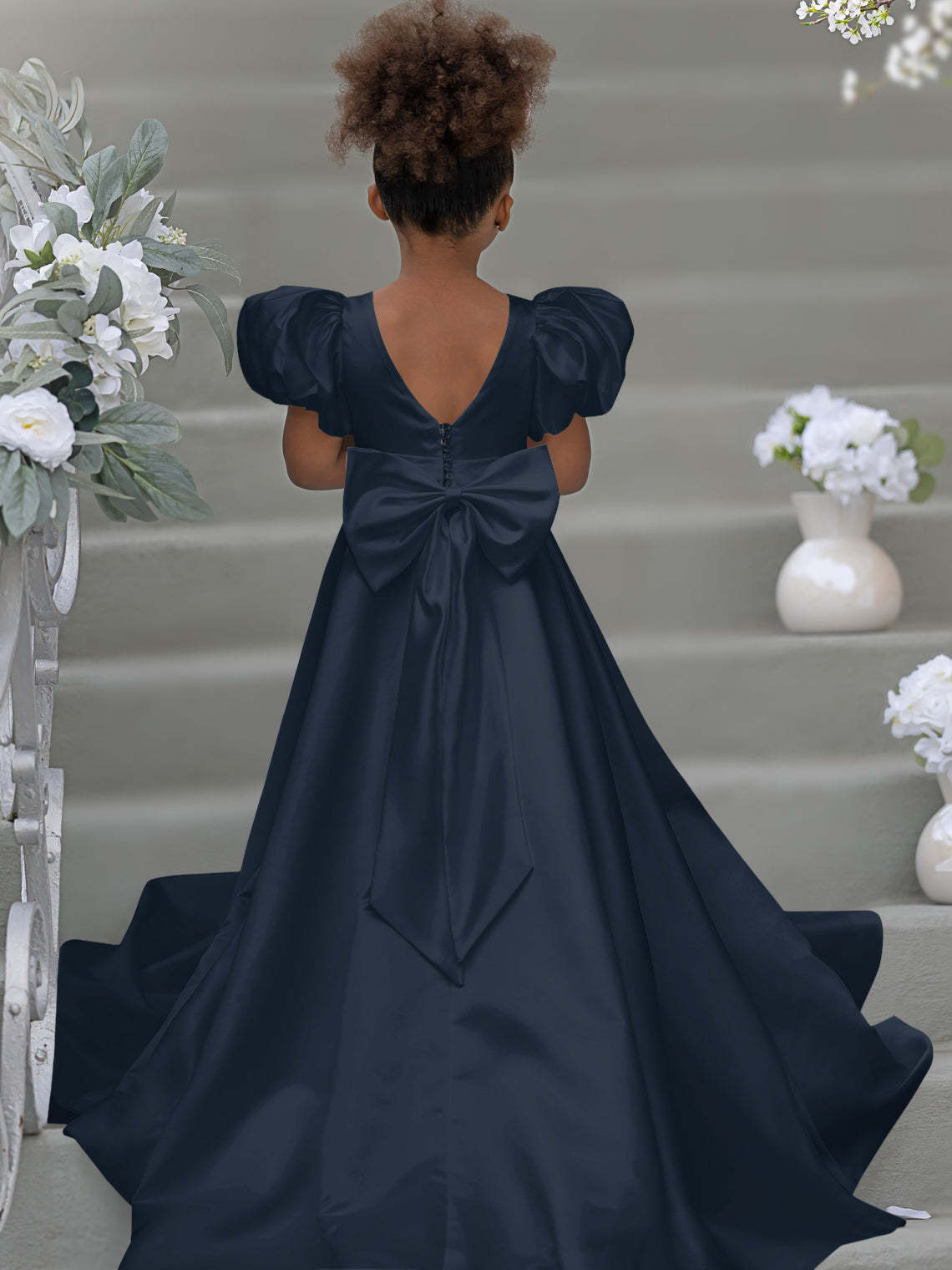 Bow-Back Puff Sleeve Flower Girl Dress with Sweep Train