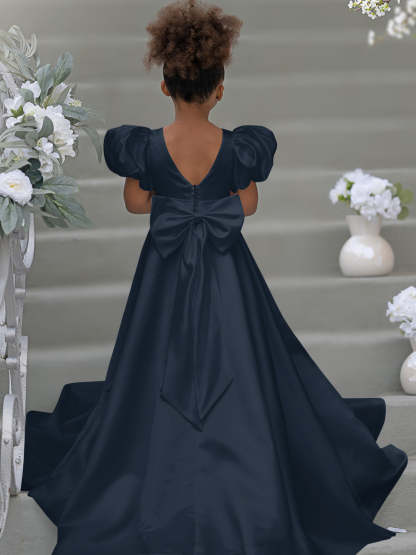 Bow-Back Puff Sleeve Flower Girl Dress with Sweep Train