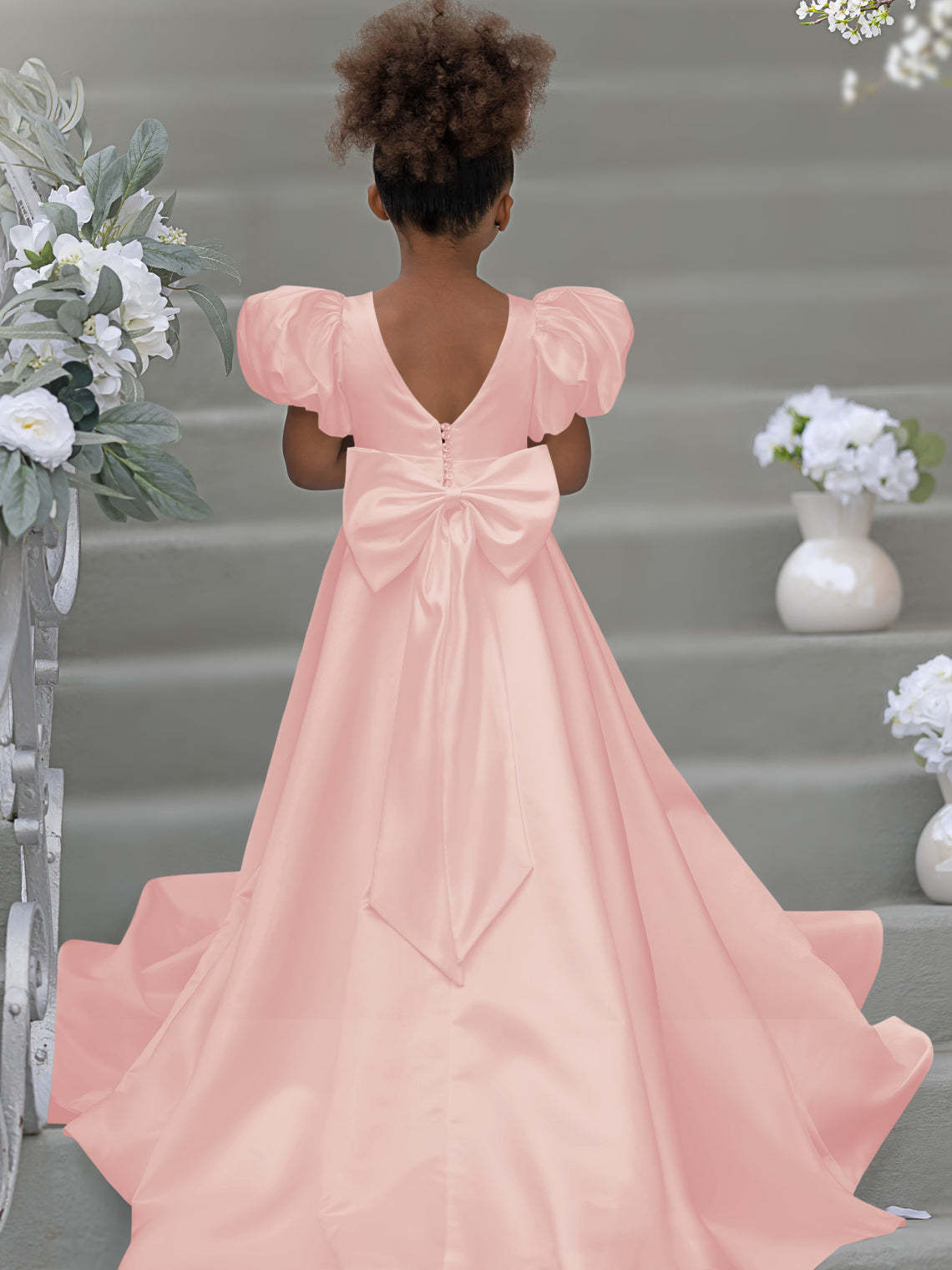 Bow-Back Puff Sleeve Flower Girl Dress with Sweep Train