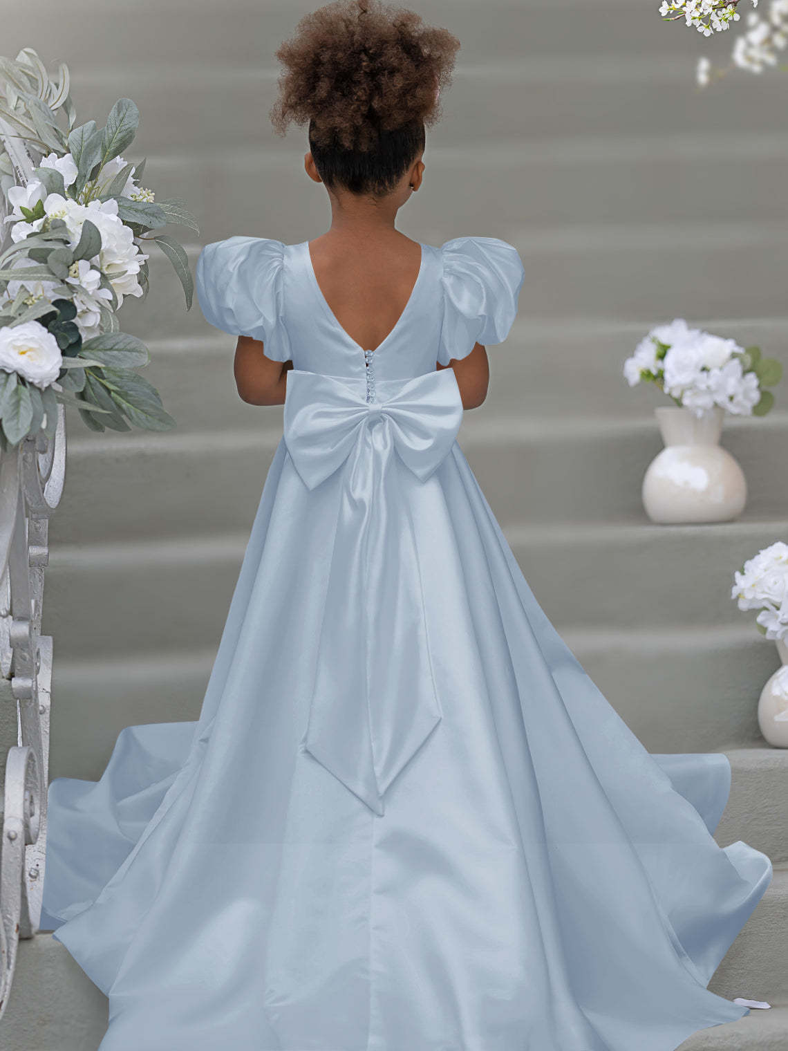 Bow-Back Puff Sleeve Flower Girl Dress with Sweep Train