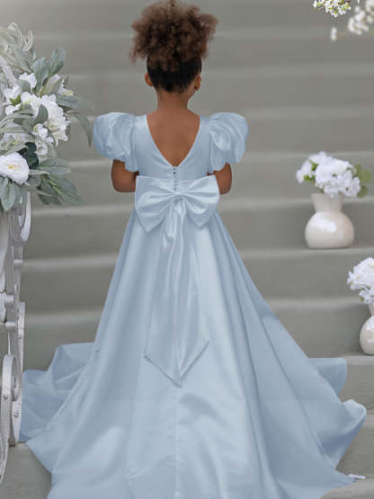 Bow-Back Puff Sleeve Flower Girl Dress with Sweep Train