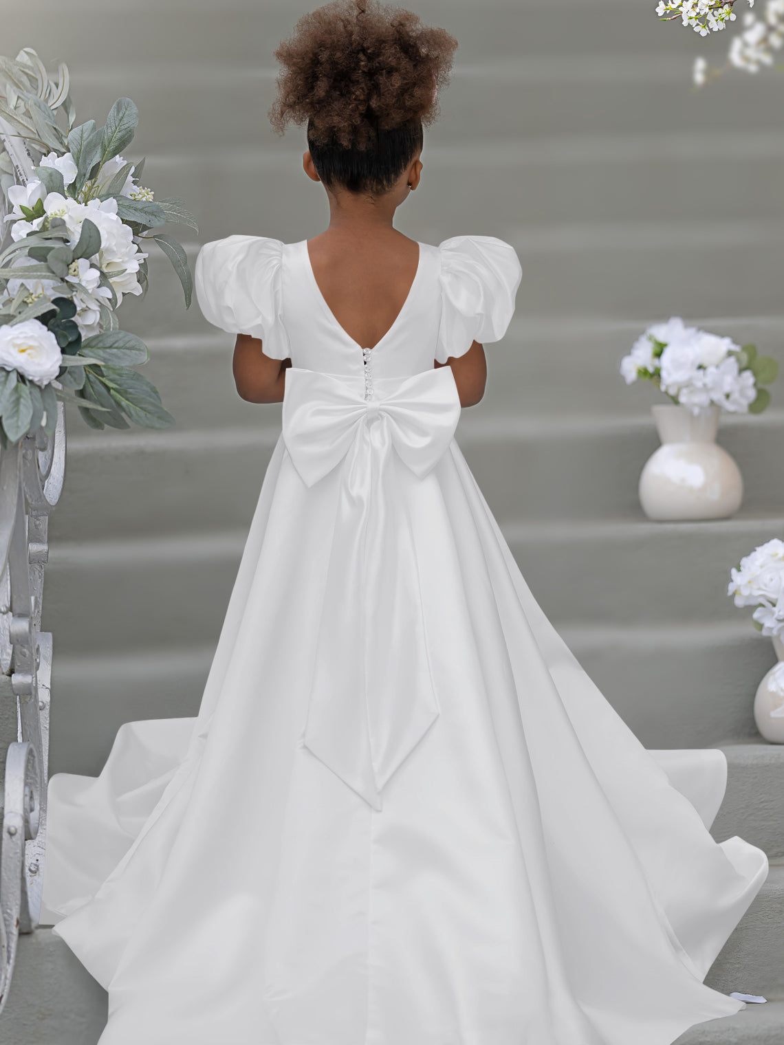 Bow-Back Puff Sleeve Flower Girl Dress with Sweep Train