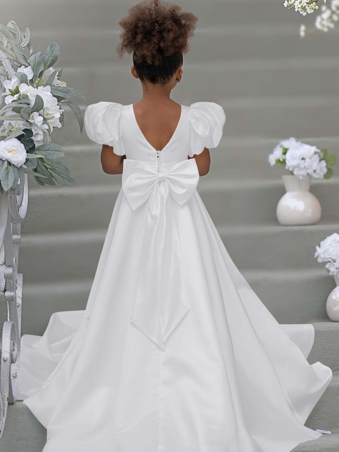 Bow-Back Puff Sleeve Flower Girl Dress with Sweep Train