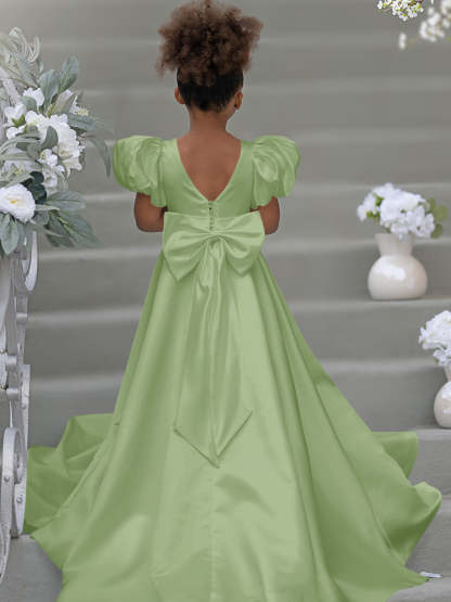 Bow-Back Puff Sleeve Flower Girl Dress with Sweep Train