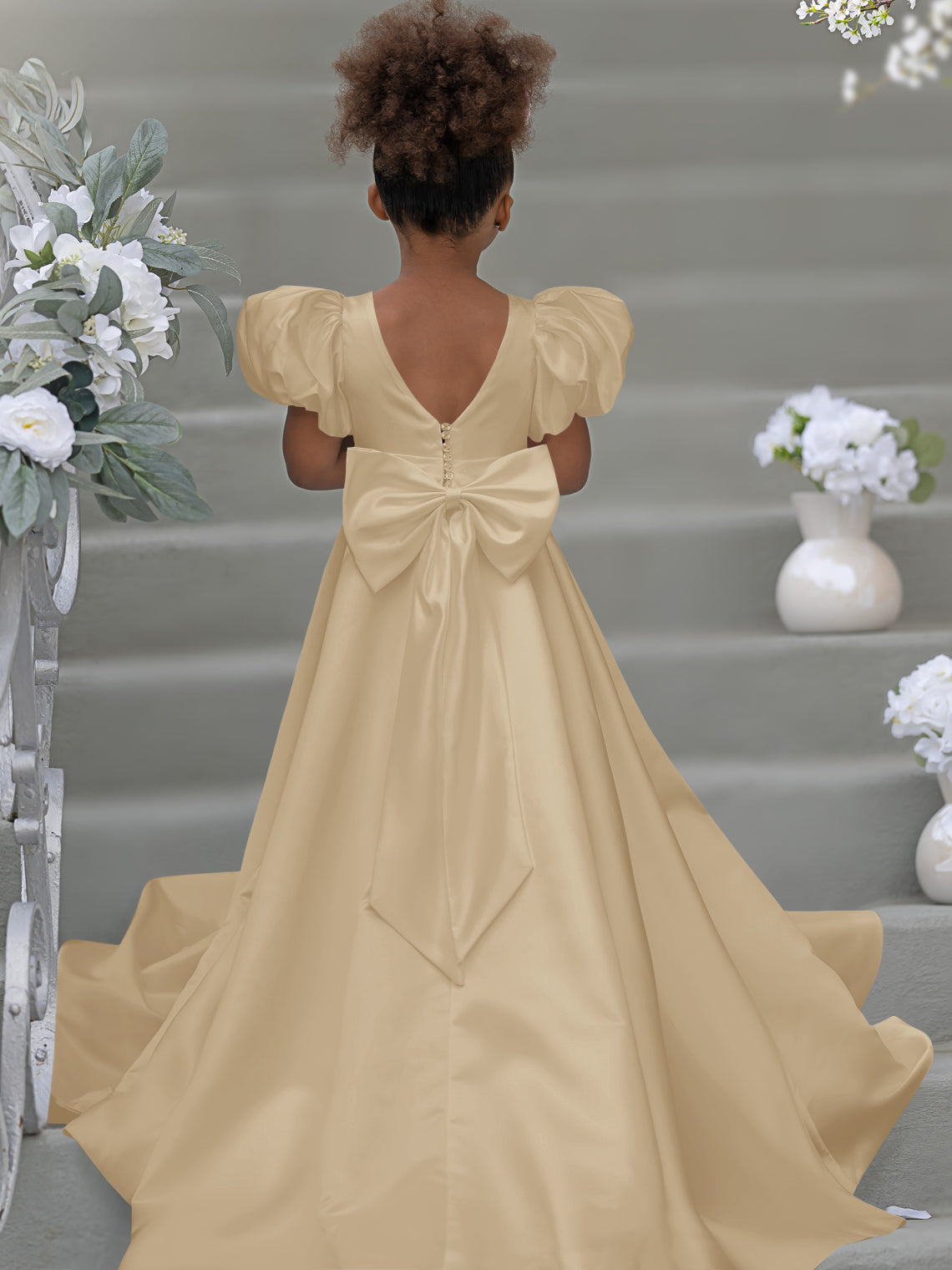 Bow-Back Puff Sleeve Flower Girl Dress with Sweep Train
