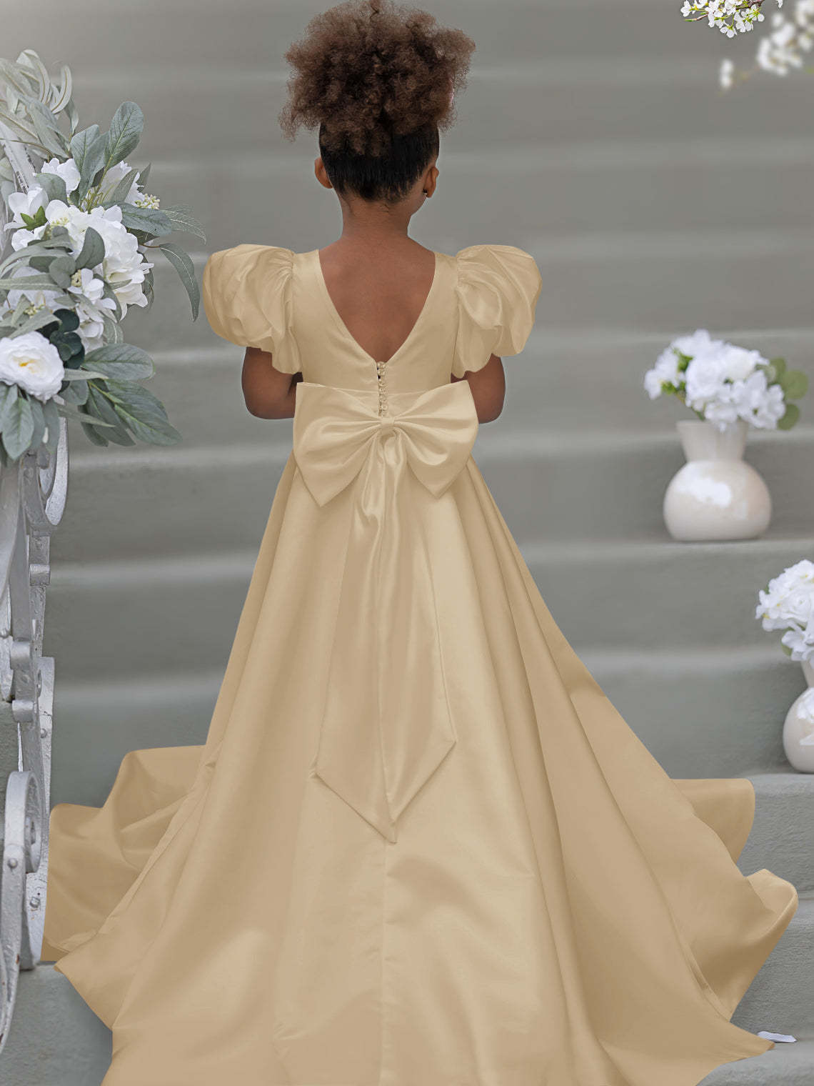 Bow-Back Puff Sleeve Flower Girl Dress with Sweep Train