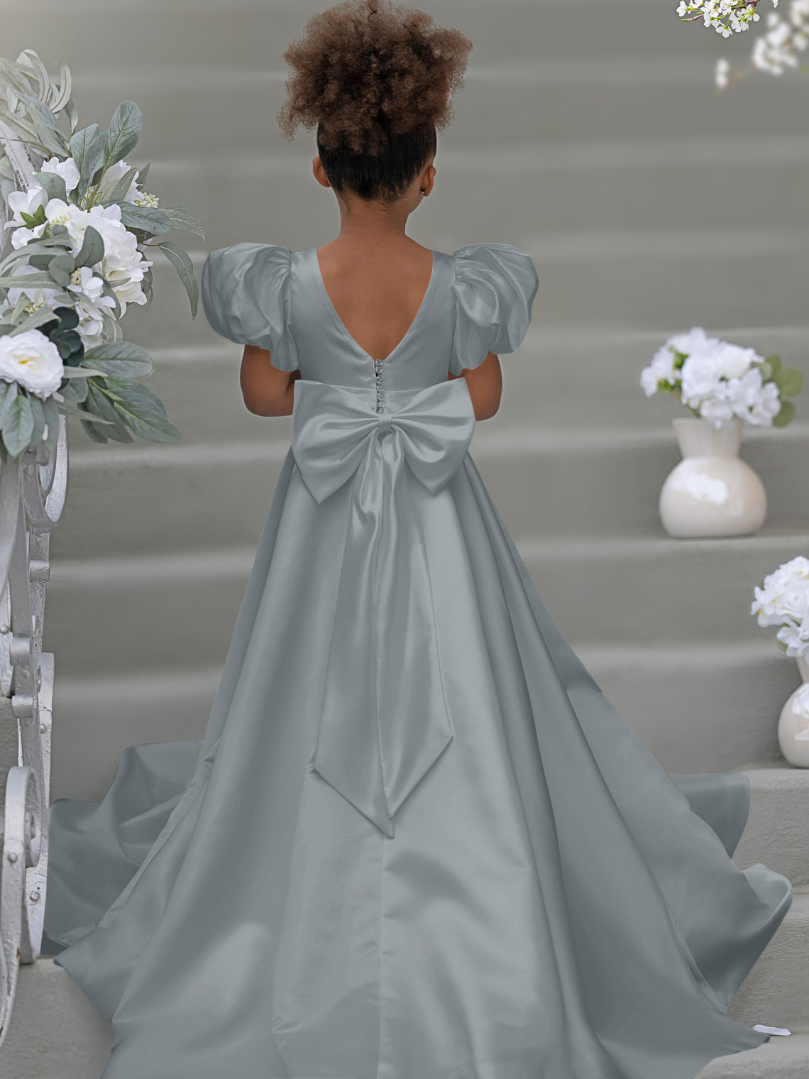 Bow-Back Puff Sleeve Flower Girl Dress with Sweep Train