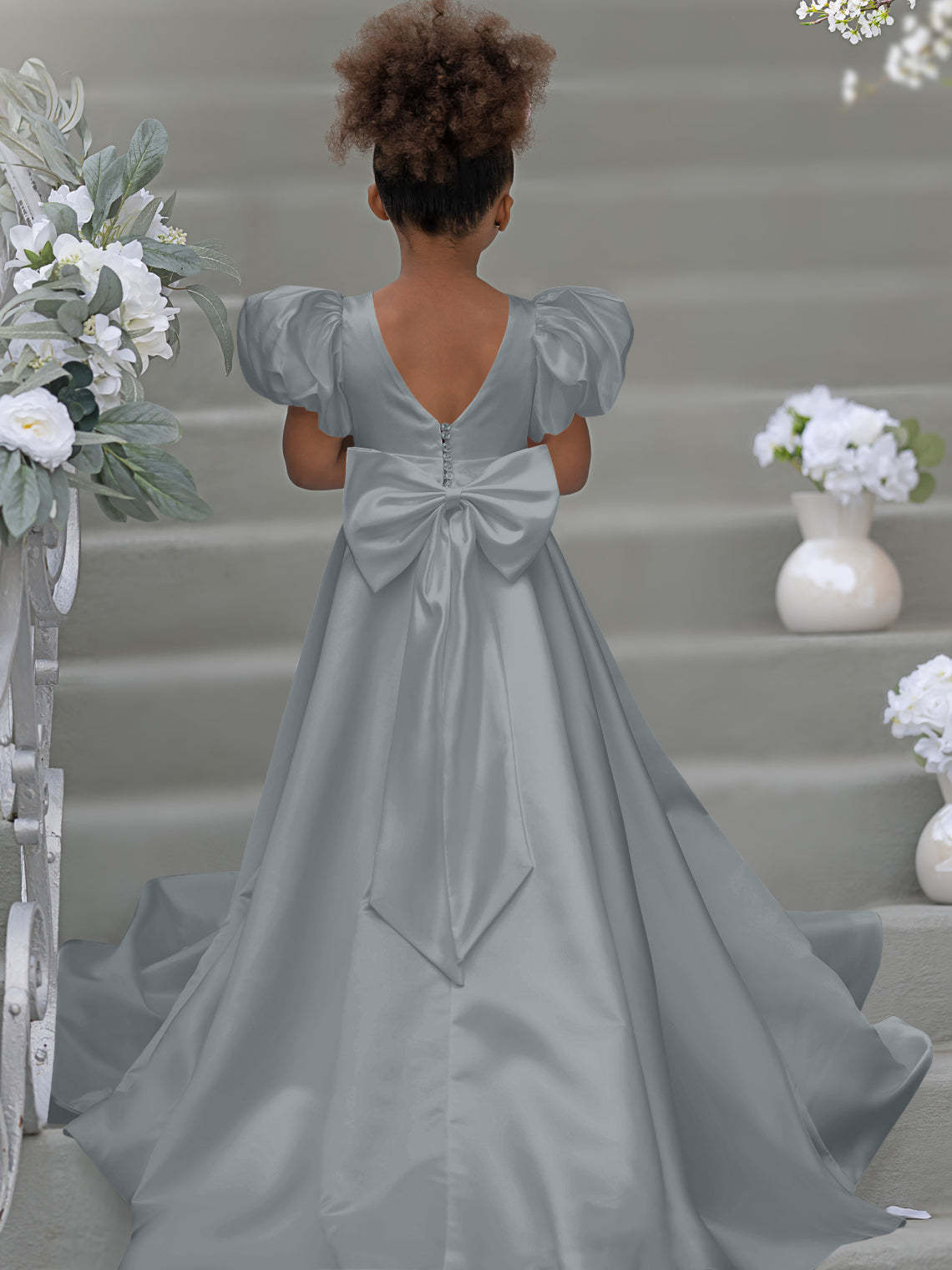 Bow-Back Puff Sleeve Flower Girl Dress with Sweep Train