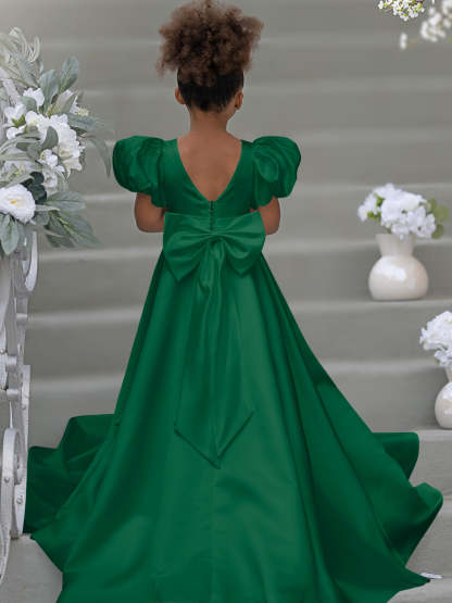 Bow-Back Puff Sleeve Flower Girl Dress with Sweep Train