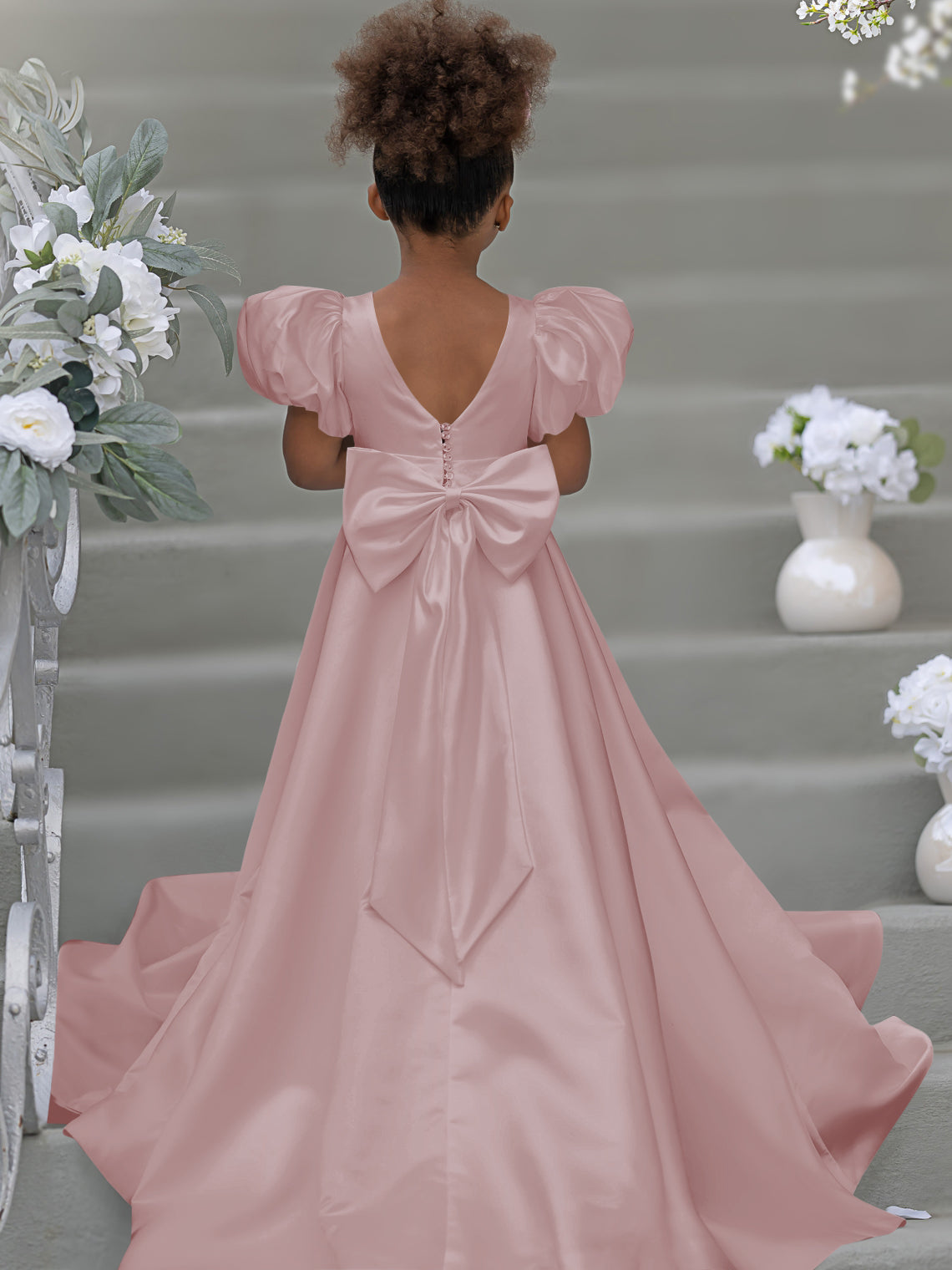 Bow-Back Puff Sleeve Flower Girl Dress with Sweep Train