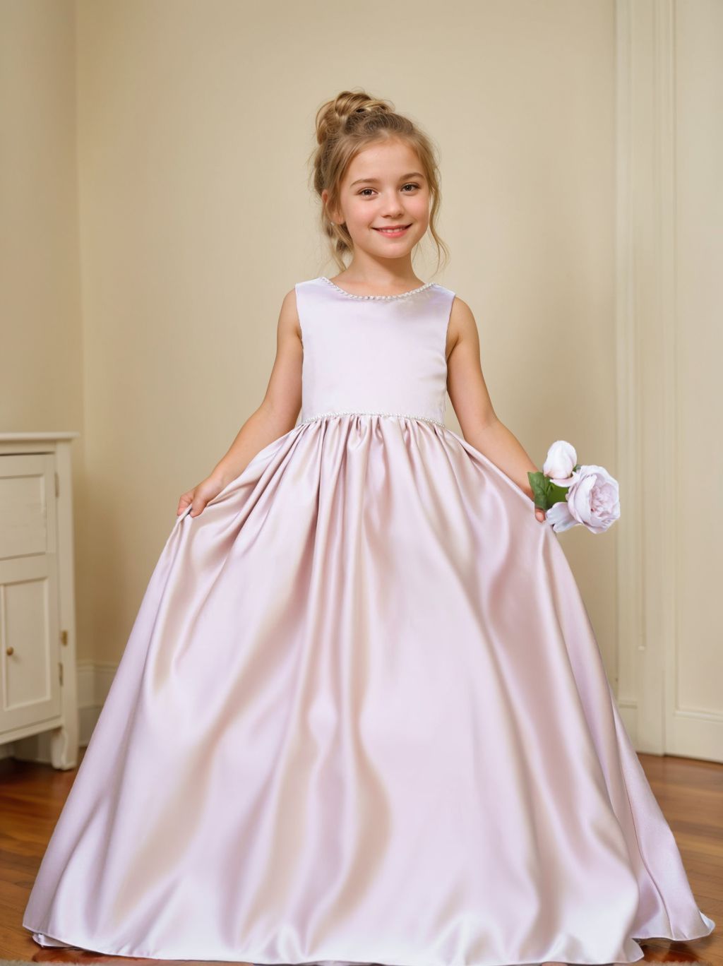 Satin dress with beaded neckline and bow detail in pink sleeveless
