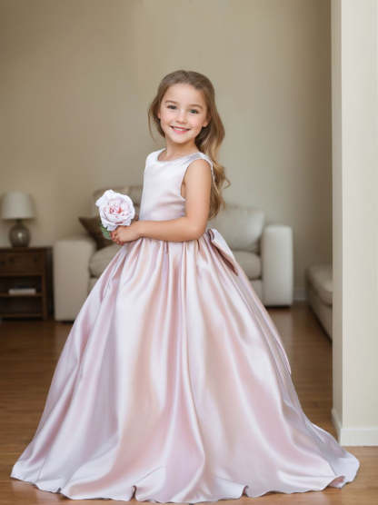 Satin dress with beaded neckline and bow detail in pink sleeveless