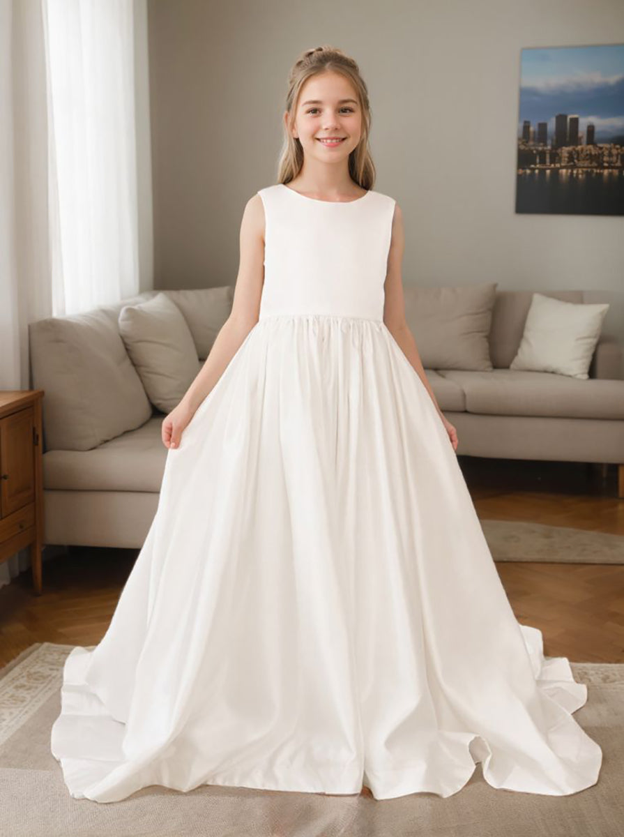 Sleeveless Satin A-Line Princess Flower Girl Dress Featuring a Bow and Sweep Train