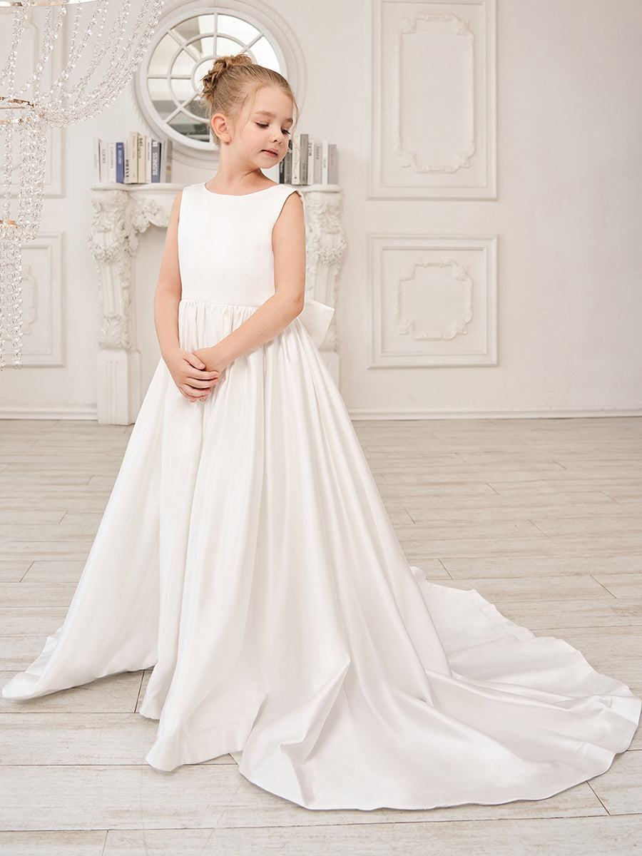 Sleeveless Satin A-Line Princess Flower Girl Dress Featuring a Bow and Sweep Train