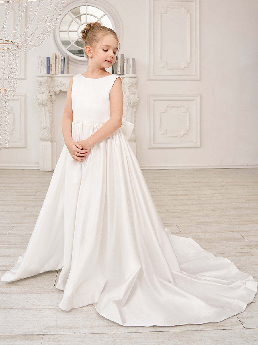 Sleeveless Satin A-Line Princess Flower Girl Dress Featuring a Bow and Sweep Train