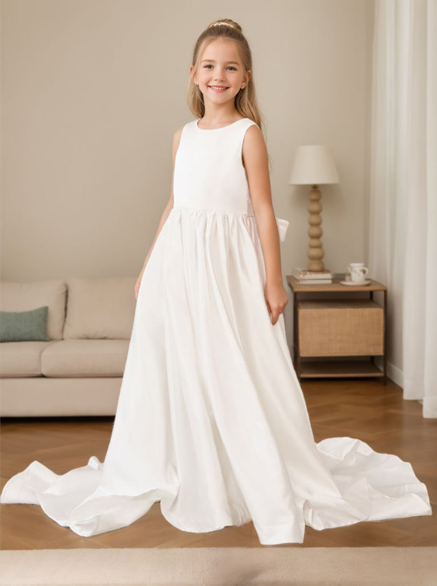 Sleeveless Satin A-Line Princess Flower Girl Dress Featuring a Bow and Sweep Train