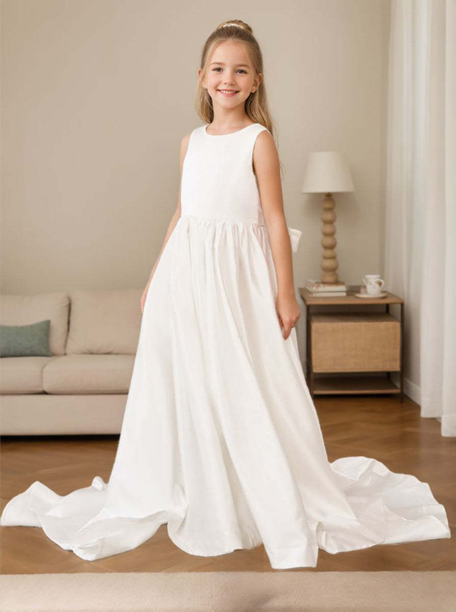 Sleeveless Satin A-Line Princess Flower Girl Dress Featuring a Bow and Sweep Train