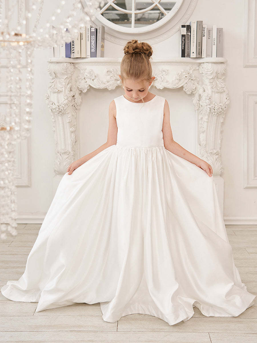 Sleeveless Satin A-Line Princess Flower Girl Dress Featuring a Bow and Sweep Train
