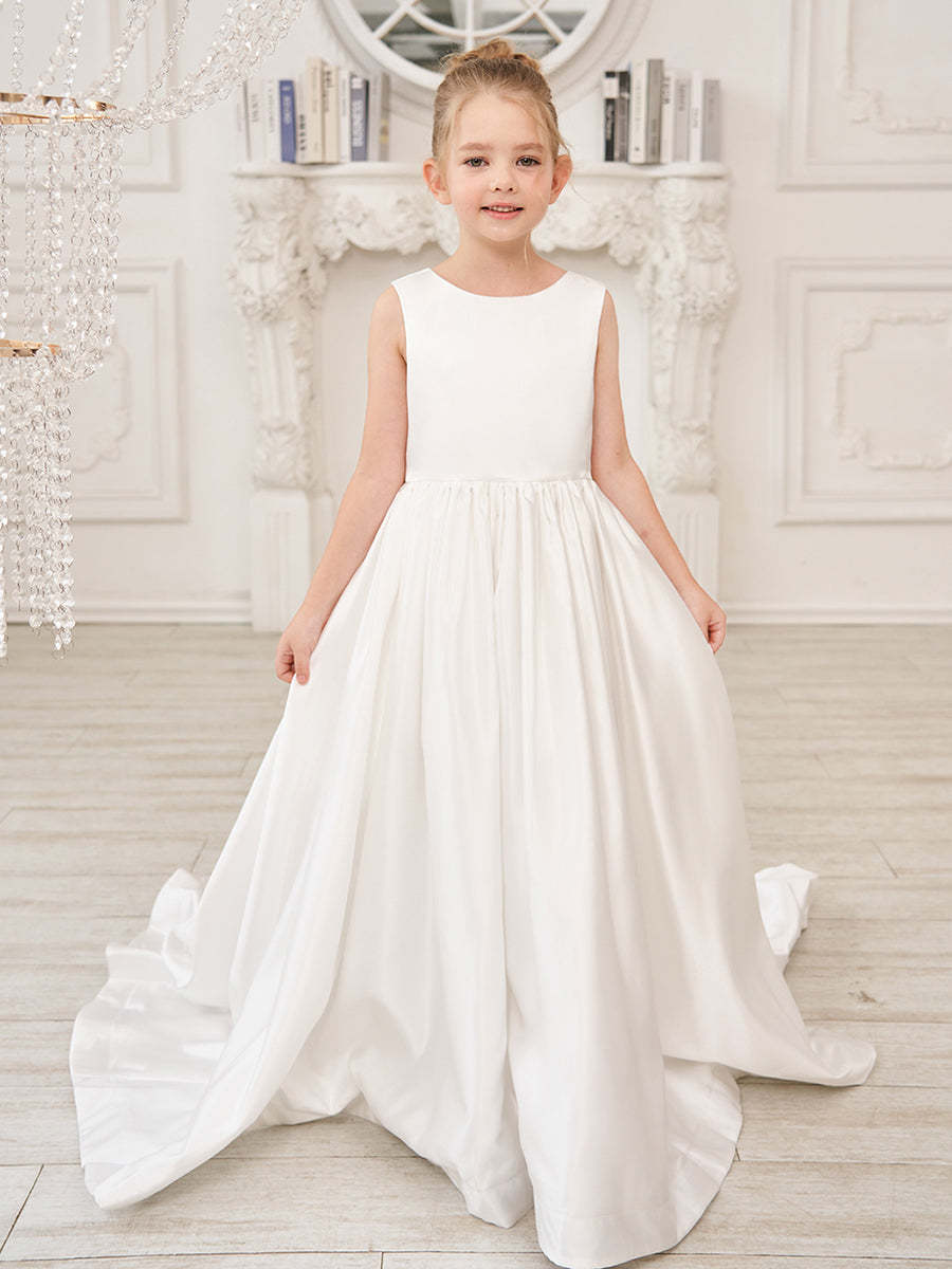 Sleeveless Satin A-Line Princess Flower Girl Dress Featuring a Bow and Sweep Train