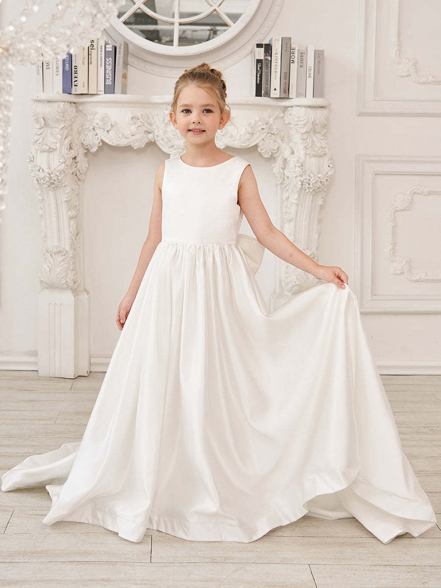 Sleeveless Satin A-Line Princess Flower Girl Dress Featuring a Bow and Sweep Train