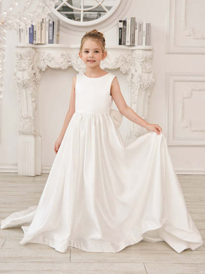 Sleeveless Satin A-Line Princess Flower Girl Dress Featuring a Bow and Sweep Train