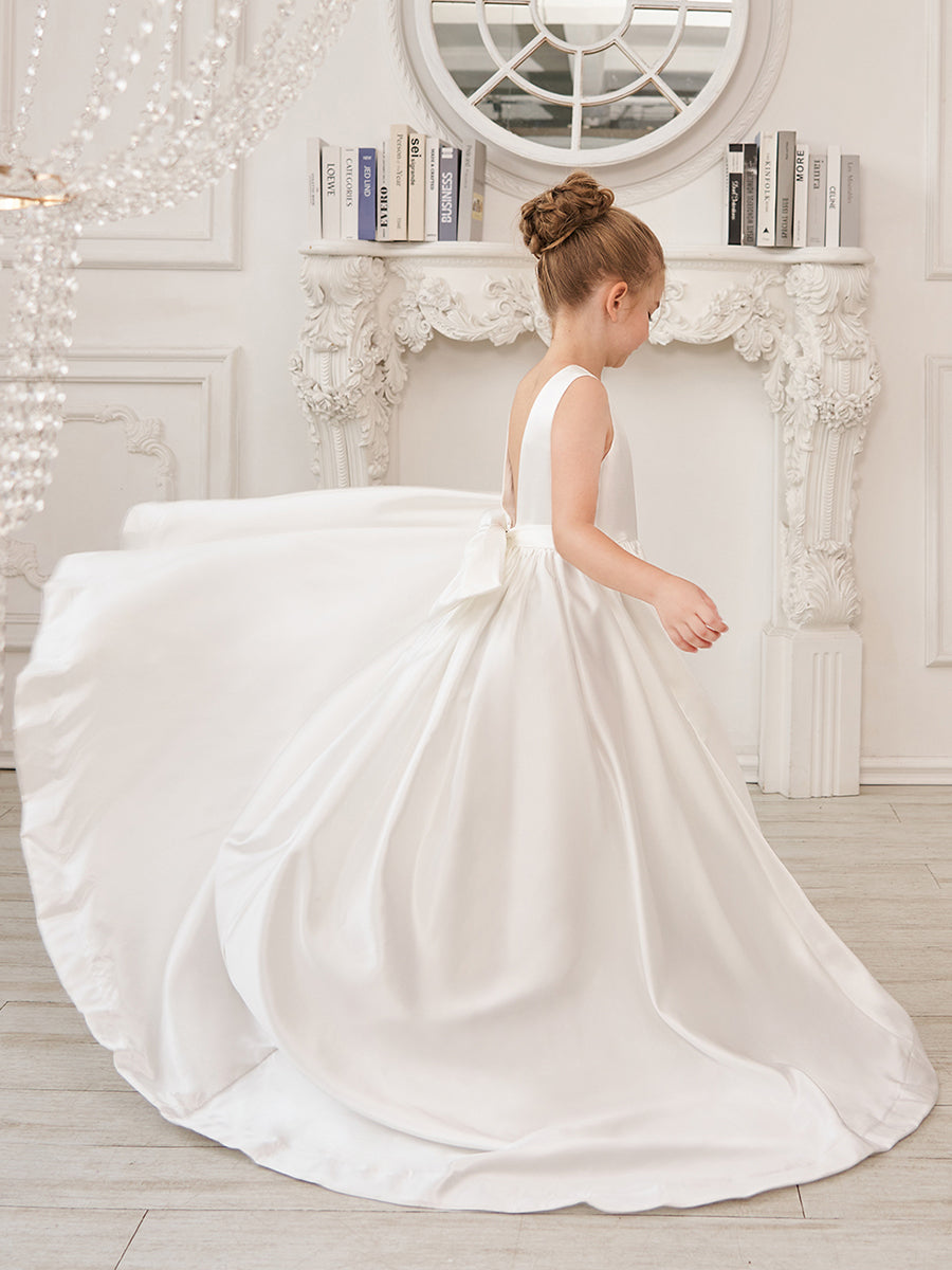Sleeveless Satin A-Line Princess Flower Girl Dress Featuring a Bow and Sweep Train