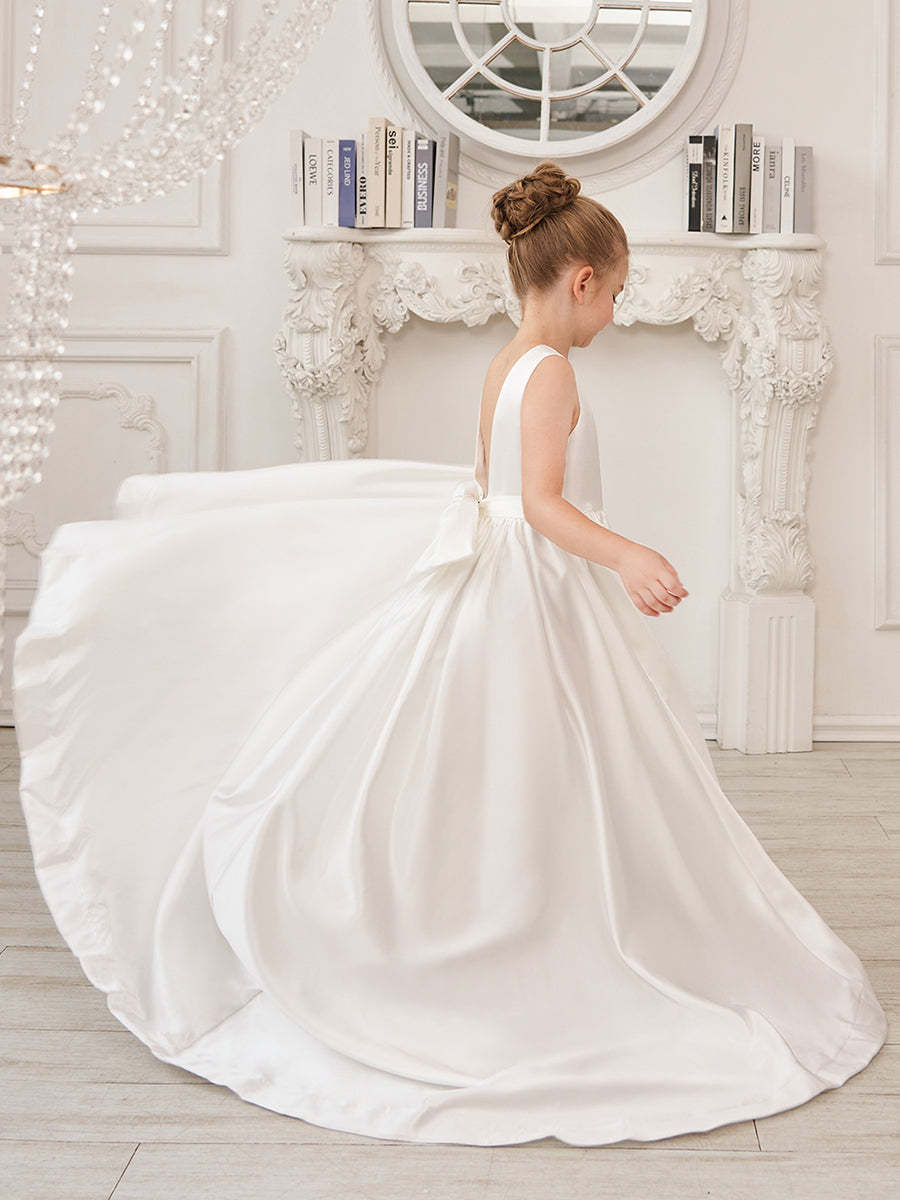 Sleeveless Satin A-Line Princess Flower Girl Dress Featuring a Bow and Sweep Train