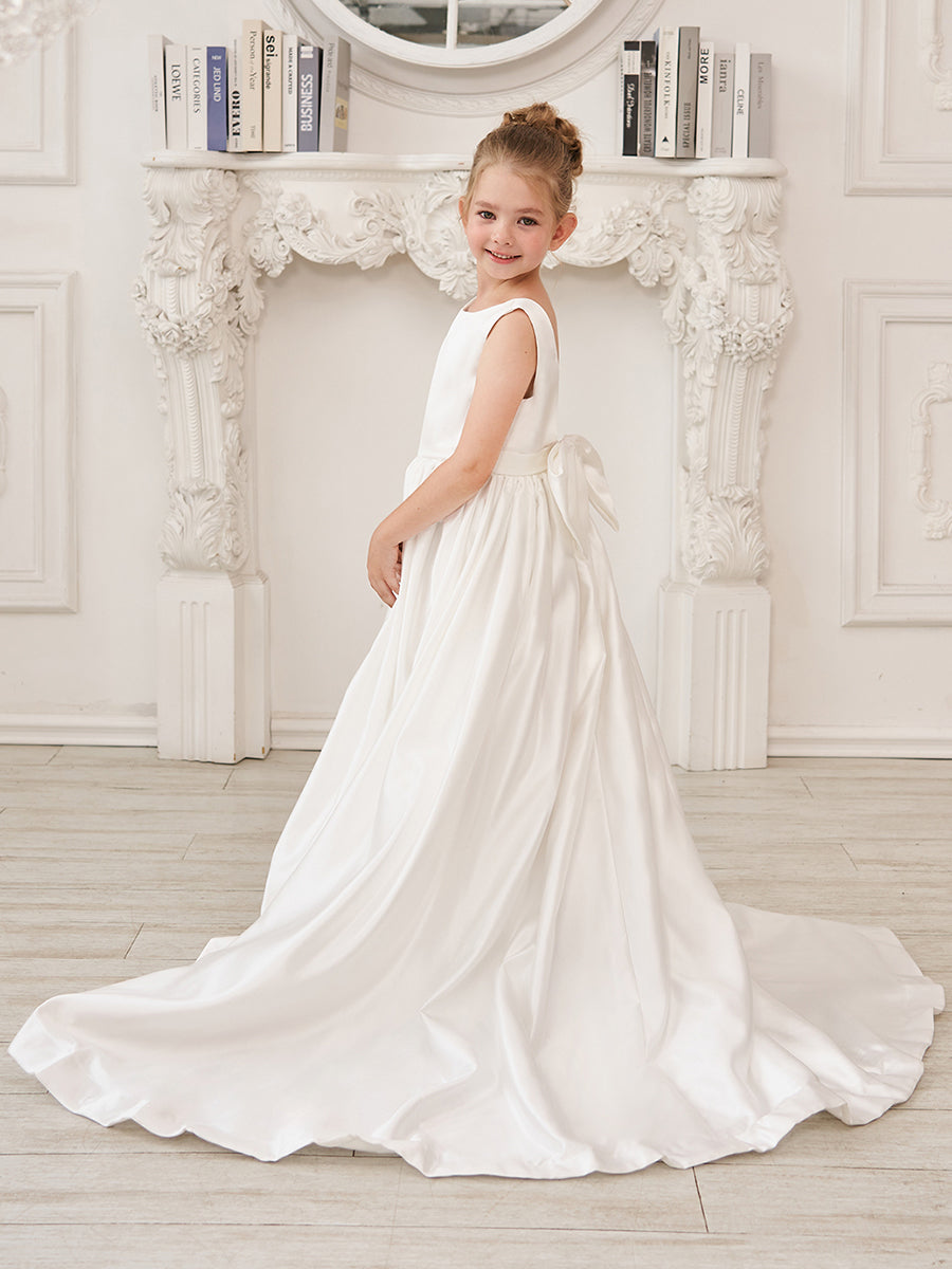 Sleeveless Satin A-Line Princess Flower Girl Dress Featuring a Bow and Sweep Train