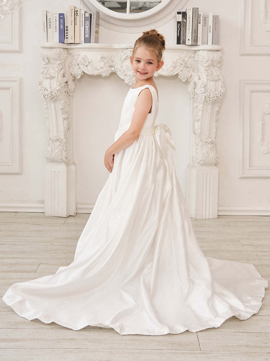 Sleeveless Satin A-Line Princess Flower Girl Dress Featuring a Bow and Sweep Train