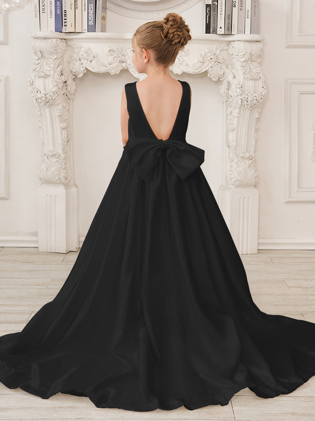Sleeveless Satin A-Line Princess Flower Girl Dress Featuring a Bow and Sweep Train