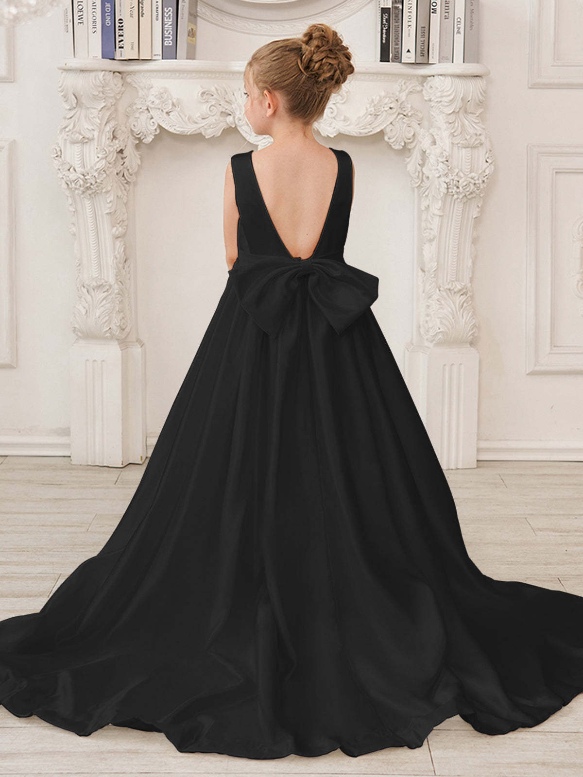 Sleeveless Satin A-Line Princess Flower Girl Dress Featuring a Bow and Sweep Train