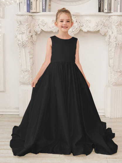 Sleeveless Satin A-Line Princess Flower Girl Dress Featuring a Bow and Sweep Train
