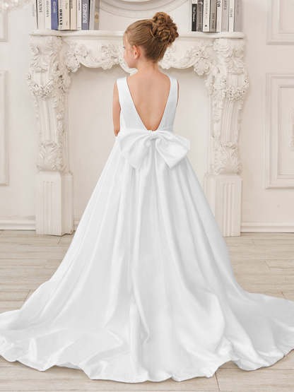Sleeveless Satin A-Line Princess Flower Girl Dress Featuring a Bow and Sweep Train