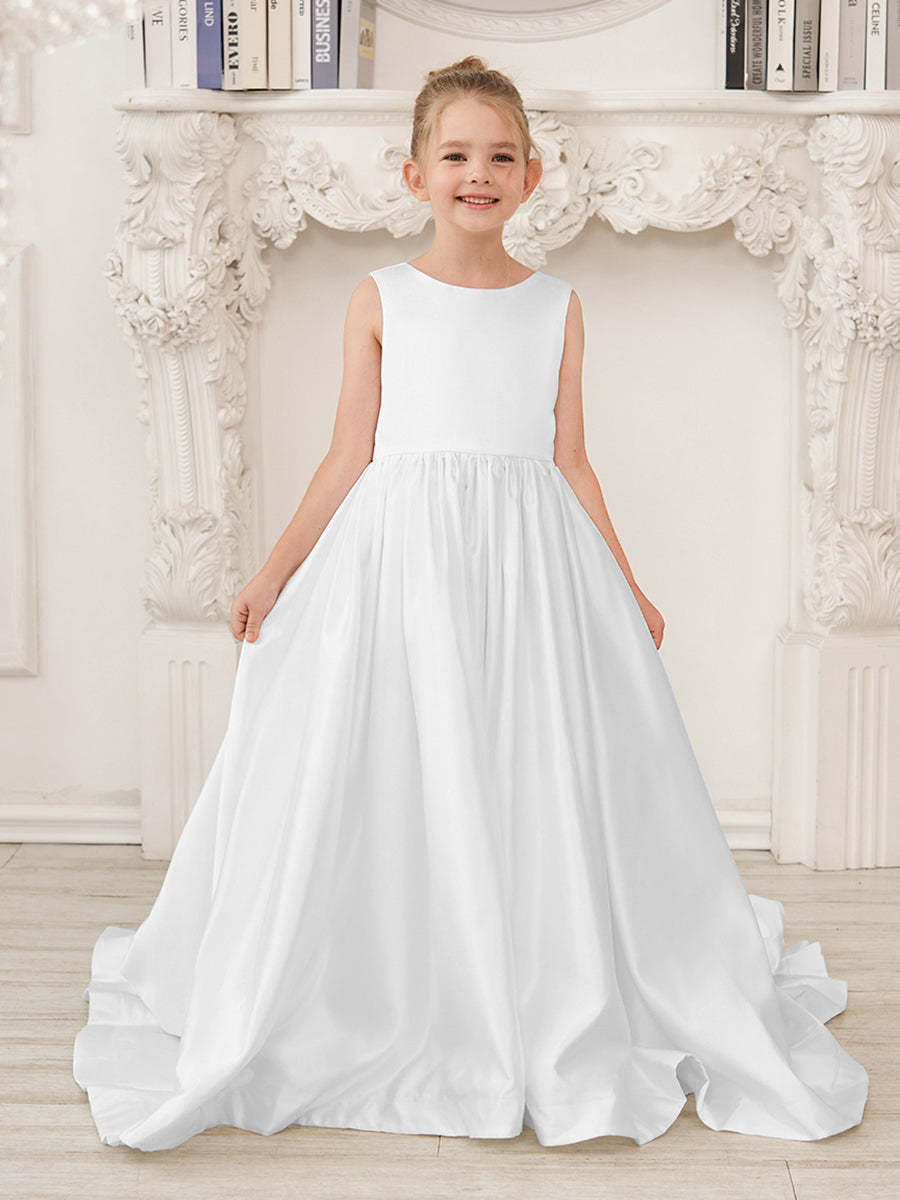 Sleeveless Satin A-Line Princess Flower Girl Dress Featuring a Bow and Sweep Train