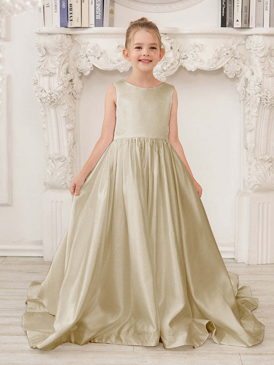 Sleeveless Satin A-Line Princess Flower Girl Dress Featuring a Bow and Sweep Train