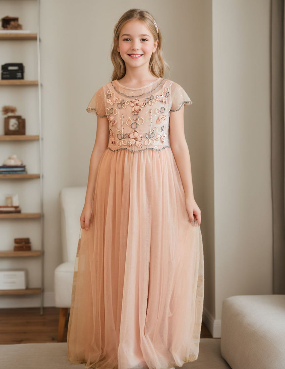 Pink floor-length chiffon flower girl dress with A-line silhouette