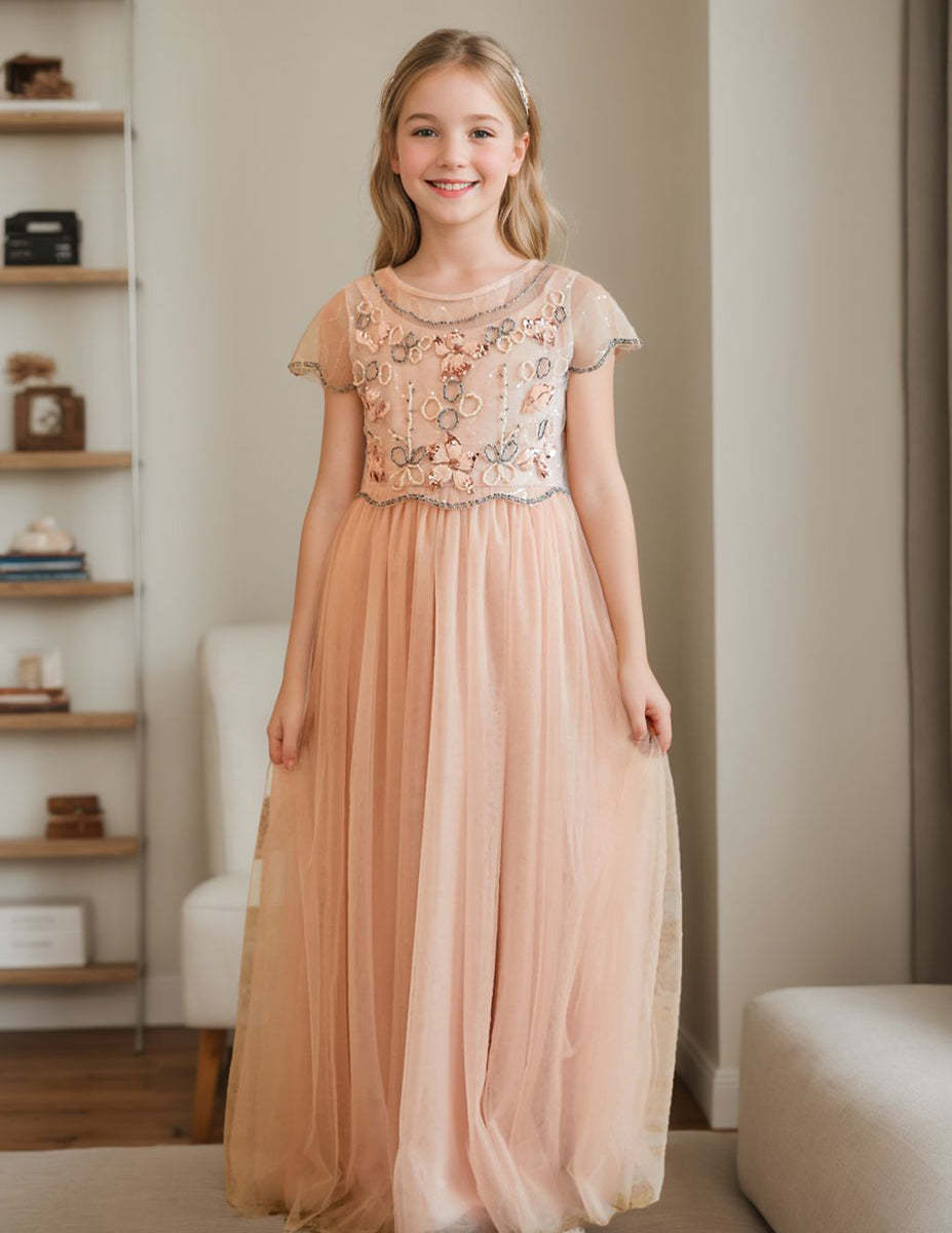 Pink floor-length chiffon flower girl dress with A-line silhouette