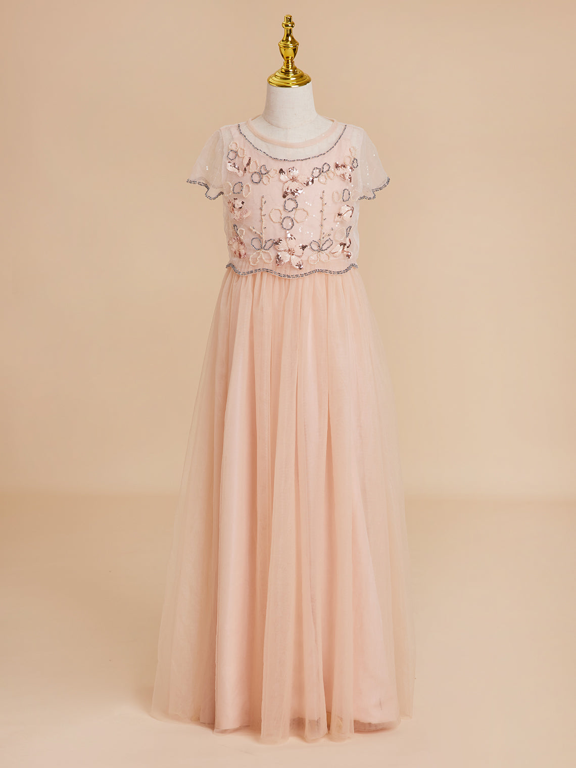 Pink floor-length chiffon flower girl dress with A-line silhouette