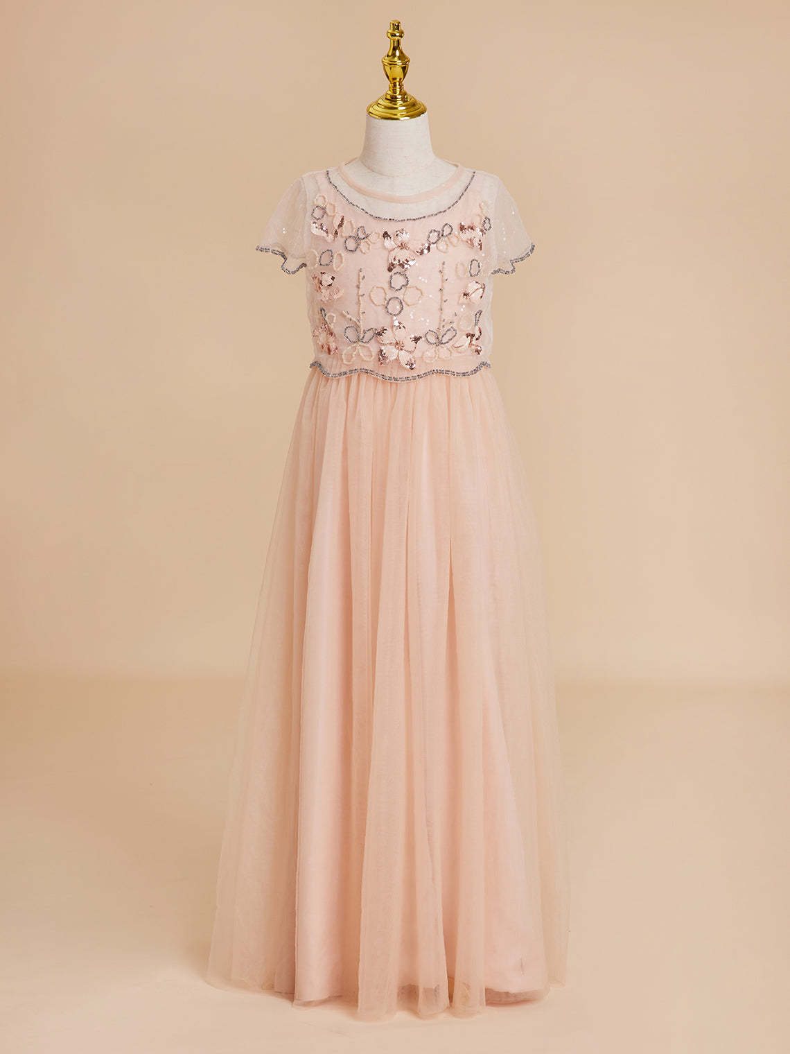 Pink floor-length chiffon flower girl dress with A-line silhouette