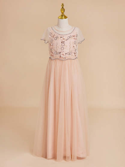 Pink floor-length chiffon flower girl dress with A-line silhouette