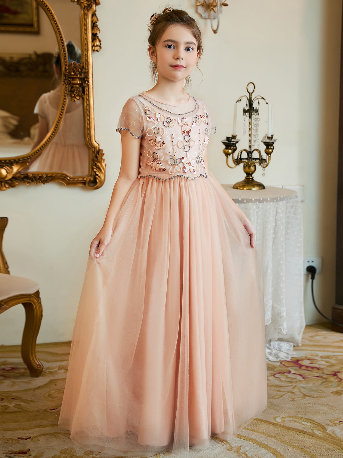 Pink floor-length chiffon flower girl dress with A-line silhouette
