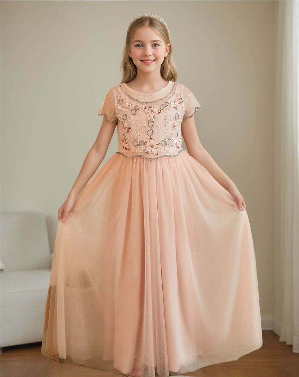 Pink floor-length chiffon flower girl dress with A-line silhouette